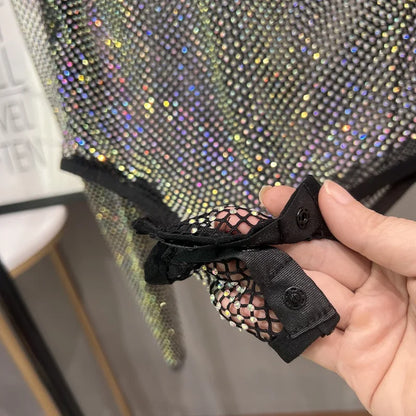 Women's Shiny Rhinestone Fishnet See-Through Bodysuit Mesh Fashion Sexy Bodysuit