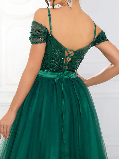 A Line Prom Evening Gown Off the Shoulder Backless Lace Up Sequin Patchwork Mesh Skirt Maxi Dresses for Women