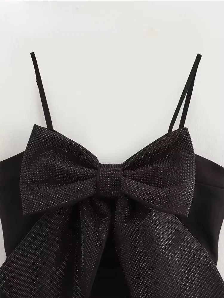 Sequined Bow Women Sling Top Sexy Backless Crop Top Pleated Zippers Female Tank Tops 2025 Spring Lady Streetwear Tops