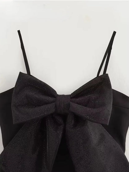Sequined Bow Women Sling Top Sexy Backless Crop Top Pleated Zippers Female Tank Tops 2025 Spring Lady Streetwear Tops