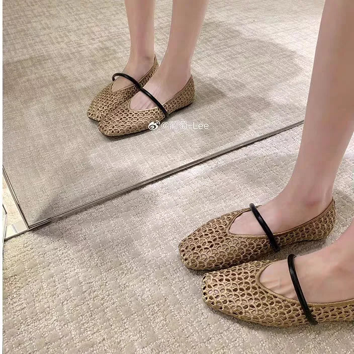 2025 zapatos de Ballet de malla hueca para mujer, sandalias transpirables Mary Jane con cabeza cuadrada, calzado con correa