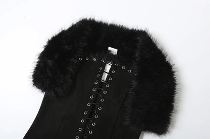 Furry Patchwork Sexy Tank Top Women Y2K Halter Backless Shirring Sleeveless Stretch Coquette Midnight Party Clubwear