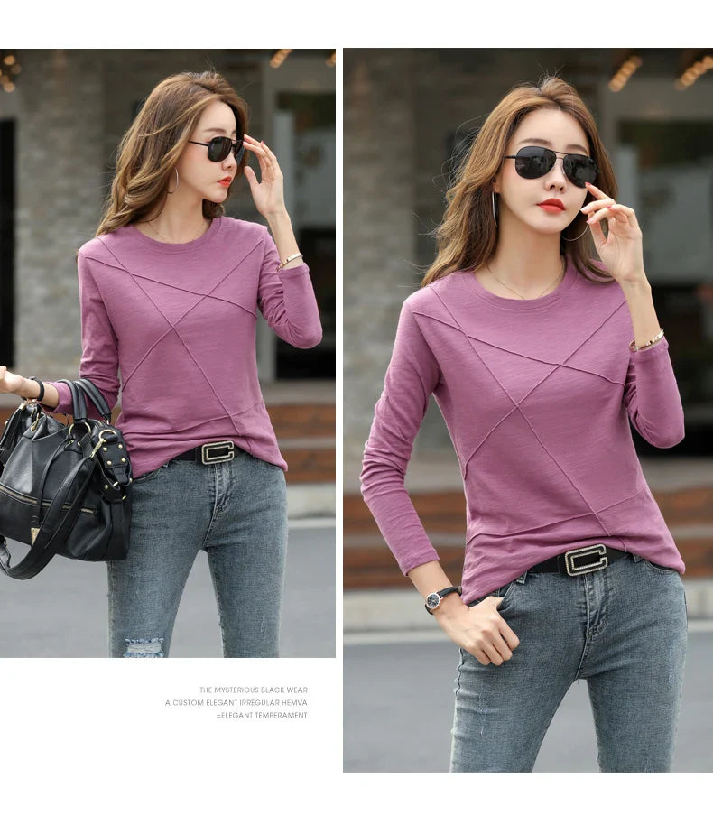 2026 Spring Long Sleeve Women O-Neck Bamboo Cotton T-Shirt Elegant Loose Ribbed Fashion Tee Shirt Ladies Simple Tops