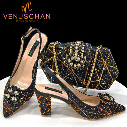 INS Style Green Party Shoe and Bag Set in Women Pointed-Toe Rhinestone High Heels Elegant African Ladies Shoes