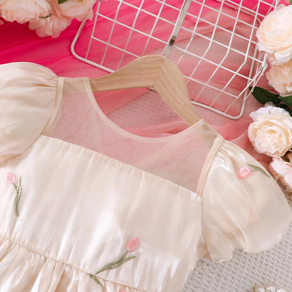 Girls' Summer Bubble Sleeves Mesh Flower Embroidered Princess Skirt Dress