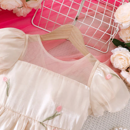 Girls' Summer Bubble Sleeves Mesh Flower Embroidered Princess Skirt Dress
