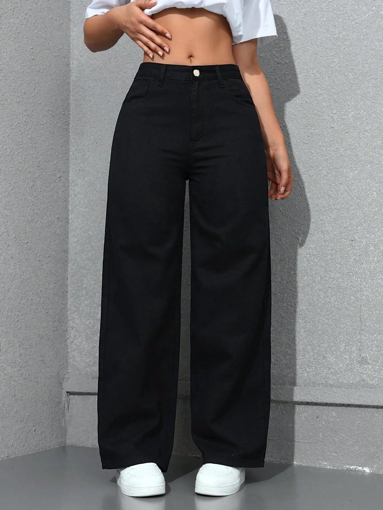 Women Solid Straight Wash High Elastic Waist Denim Pants