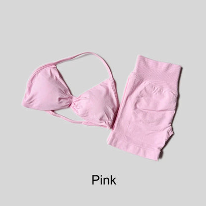 Yoga Set Fitness Gym Women Solid High Waist Peach Short Legging Halter Neck Sport Bra Athletic Gym Suit