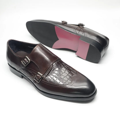 Classic Men's Genuine Leather Dress Shoes Double Buckle Monk Strap Wingtip Crocodile Print Business Office Formal Footwear Man