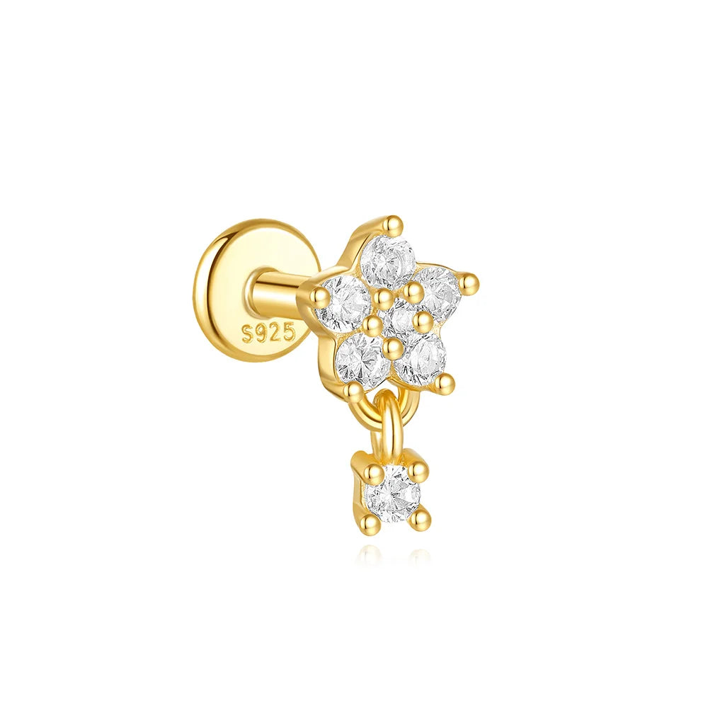 1PC Four Pointed Star Moon Tassel Lotus Cartilage Spiral Puncture 925 Sterling Silver Stud Earring For Women Ins Earring