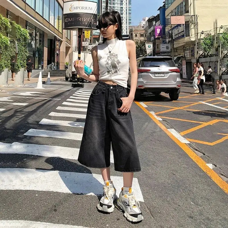 Verão American Style Vintage Feminino Jeans Folgado Y2k Solto Lavado Cintura Alta Calça Jeans Comprimento Joelho Streetwear Shorts Perna Larga