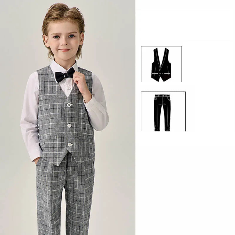 Boys Dark Green Jakcet Vest Pants Bowtie Evening Party Dress Children Wedding Photograph Suit Kids Ceremony Performance Costume