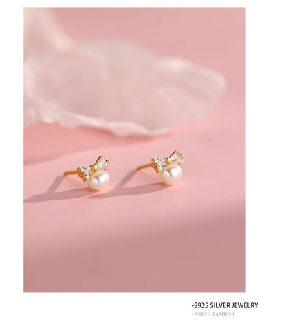 Korea Exquisite Vintage Zircon Pearl Bow Sweet Stud Earrings for Women 925 Sterling Silver Jewelry