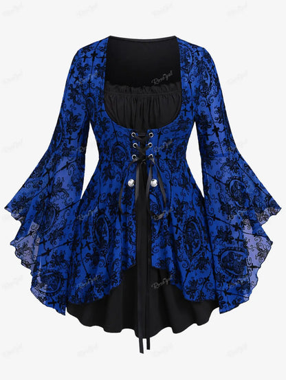 Plus Size Gothic Bell Sleeves Cross Floral Mesh Flocking Lace Up Ruched Ruffles 2 in 1 Long Bell Sleeve Top