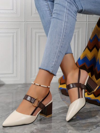 Women's Pointed Toe Block High Heel Sandals, Fashion Solid Color Slingback Shoes, Versatile Mid Heels