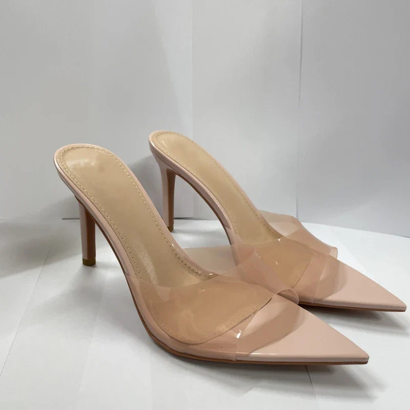 Novas Sandálias Femininas de Salto Alto de Verão Simples Transparentes de Salto Alto, Chinelos de Salto Agulha, Bico Fino, Aberto na Frente, Mules