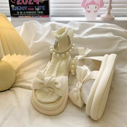 Girls Sandals Pearl Bow Princess Shoes 2026 Summer New Children's Beach Shoes Girls Soft Sole Sandals