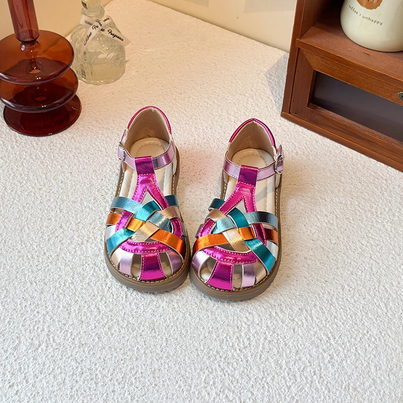 2026 Summer New Children's Shoes Knitted Sandals for Girls with Round Head Anti Slip Soft Bottom Comfortable Fashion Sandals