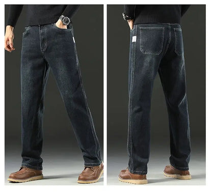 Men's Spring Autumn Soft Baggy Jeans Casual Straight Stretch Wide-Leg Business Denim Pants Versatile Comfortable Loose Trousers