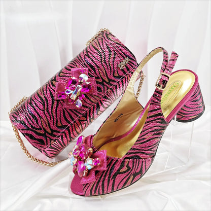 Fashion Women Elegant Gold High Heel Shoe and Matching Bag Set with Rhinestone Accents Stylish Peep Toe Design for Party