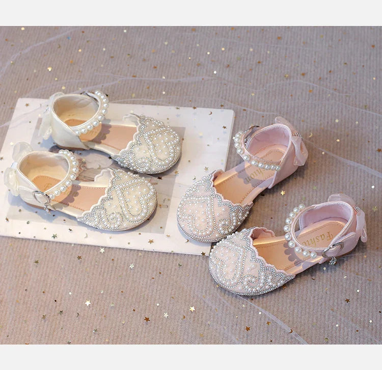 2025Summer Girls Sandals With Heel Fashion Rhinestone Shiny Glitter Shoes Children Princess Bowtie Pearl Dancing Shoes