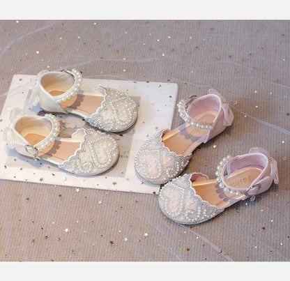 2025Summer Girls Sandals With Heel Fashion Rhinestone Shiny Glitter Shoes Children Princess Bowtie Pearl Dancing Shoes