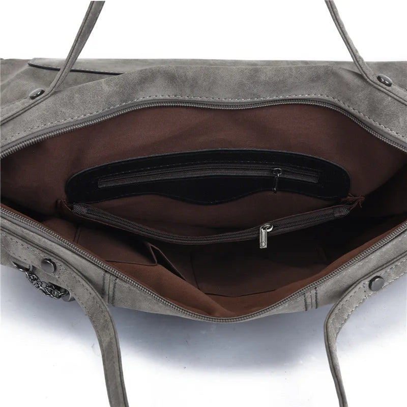 Vintage Designer Luxury Women Tote Bag Casual Lage Capacity Handbags Fashion Rivet Tassel PU Leather Female Shoulder Bag