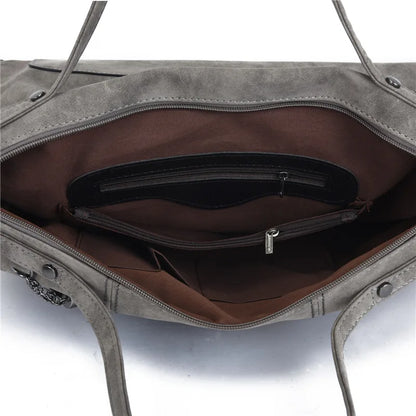 Vintage Designer Luxury Women Tote Bag Casual Lage Capacity Handbags Fashion Rivet Tassel PU Leather Female Shoulder Bag