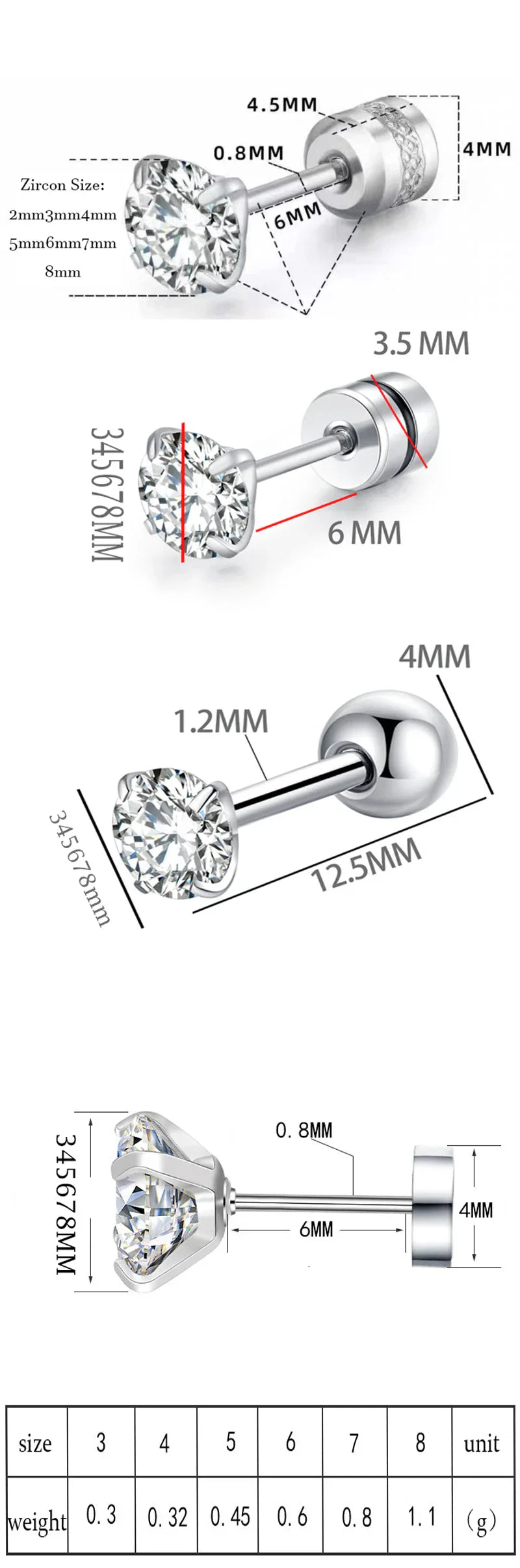 XUBCHC Stainless Steel Round Cubic Zirconia Ear Piercing For Women Men CZ Shiny Silver Color Stud Earrings Black Body Jewelry
