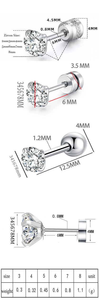 XUBCHC Stainless Steel Round Cubic Zirconia Ear Piercing For Women Men CZ Shiny Silver Color Stud Earrings Black Body Jewelry