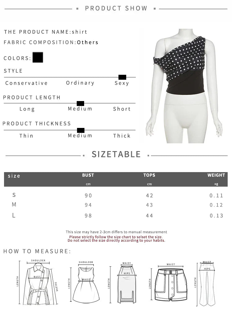Polka Dots Print T-Shirts Women Summer Trend Skew Collar Off Shoulder Backless Street Fashion Trend Ruched Crop Tops