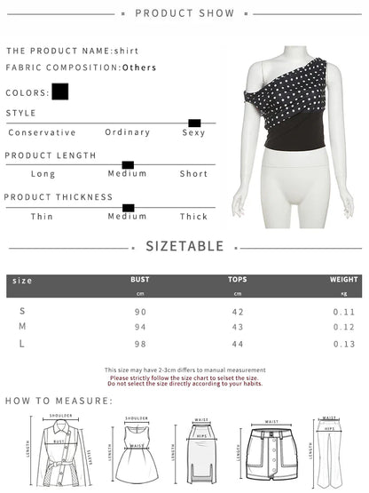 Puss Polka Dots Print T-Shirts Women Summer Trend Skew Collar Off Shoulder Backless Street Fashion Trend Ruched Crop Tops