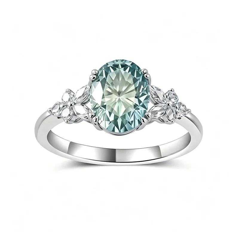 Blue-green 2CT Oval Cut All Moissanite Rings for Women Female Luxury Quality Jewelry S925 Sterling Silver Wedding Band