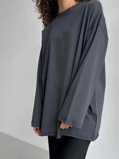 Women Summer 100% Cotton T-shirt Bottoming Spring Basic Fashionable Solid Lady Long Sleeve Loose Tops Shirts