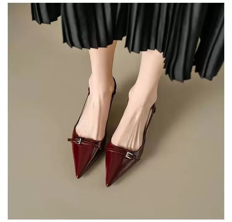 2025 French Pointed Sandals Burgundy Patent Crisscross Straps Metal Decor Slim Heel Open-Back Fairy Sandals