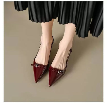2025 French Pointed Sandals Burgundy Patent Crisscross Straps Metal Decor Slim Heel Open-Back Fairy Sandals