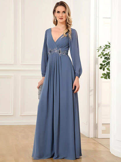 Elegant Women's Evening Dresses Tulle Full Sleeve Sexy V-Neck Prom Gowns Appliques Empire Pleated A-Line Elegant Bridal Dress