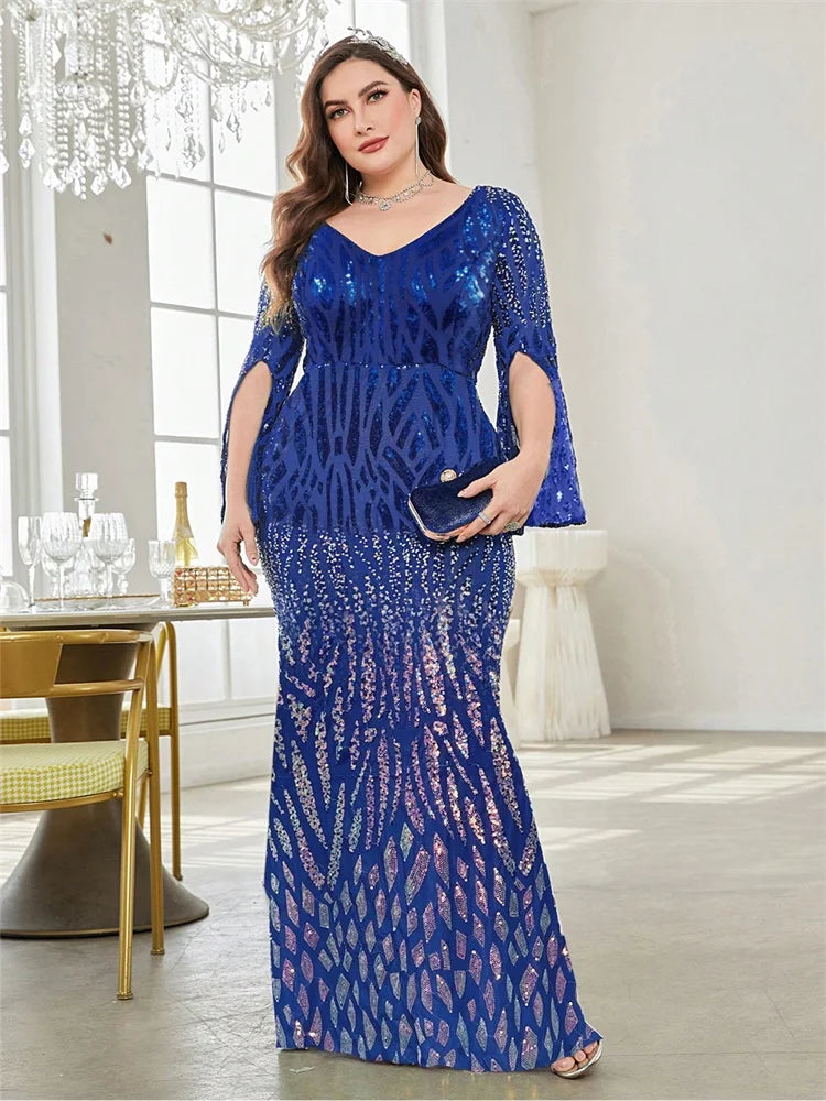 Plus Size Elegant Sequin Blue Evening Dress 2025 Women Formal Maxi Prom Slit Long Sleeves Party Luxury Cocktail Dress