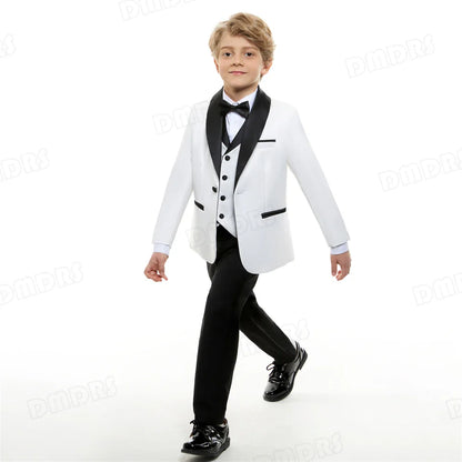 24H Ship White Formal Kids Suit Set, 4 Pieces Suits For Boys From 3-14 Years, Wedding Tuxedo For Kids Ring Bear