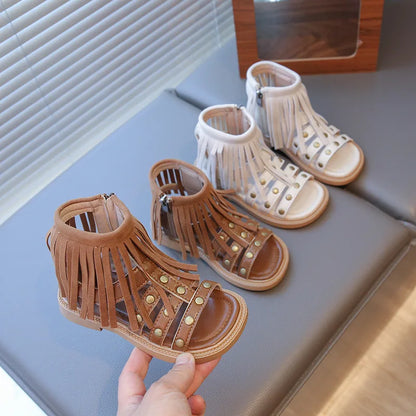 England Style Fashion Tassel Sandals Summer New Side Zipper Rivet High-top Sandals Student Beige Brown Roman Shoes Fringe I05235