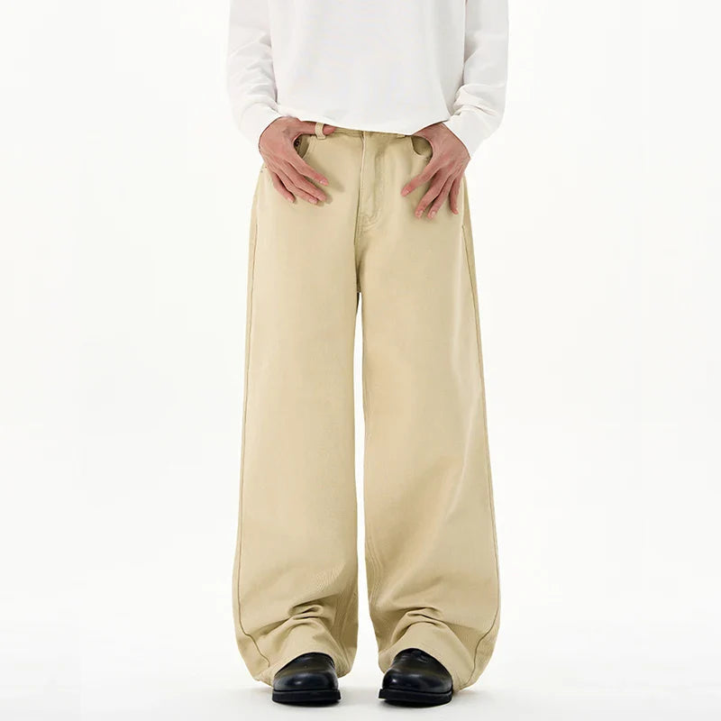 Men Baggy Wide Leg Jeans 100%Cotton Spring Casual Denim Pants Loose Straight Comfort Breathable Fashion Streetwear Male Trousers