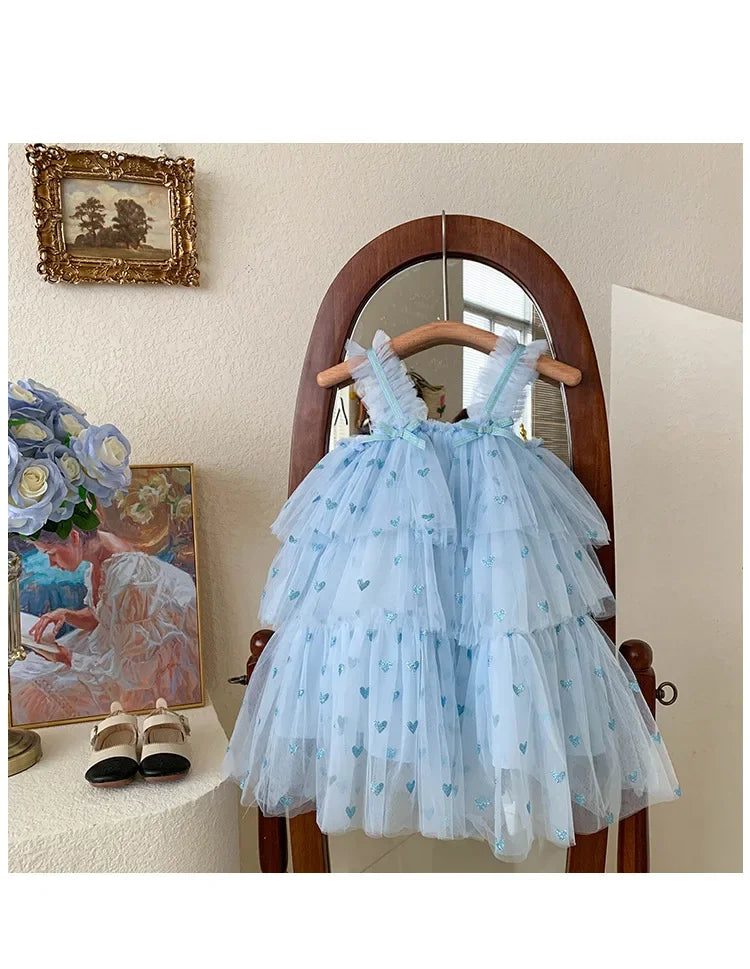 New Summer Baby Girls Party Dress Sleeveless Spaghetti Strap Love Heart Layered Princess Dresses for 3-7Year Old Kids E2310