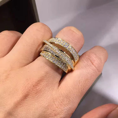 Gold Color Rings Gorgeous Women Wedding Accessories Full Sparkling Cubic Zirconia Party Luxury Trendy Jewelry