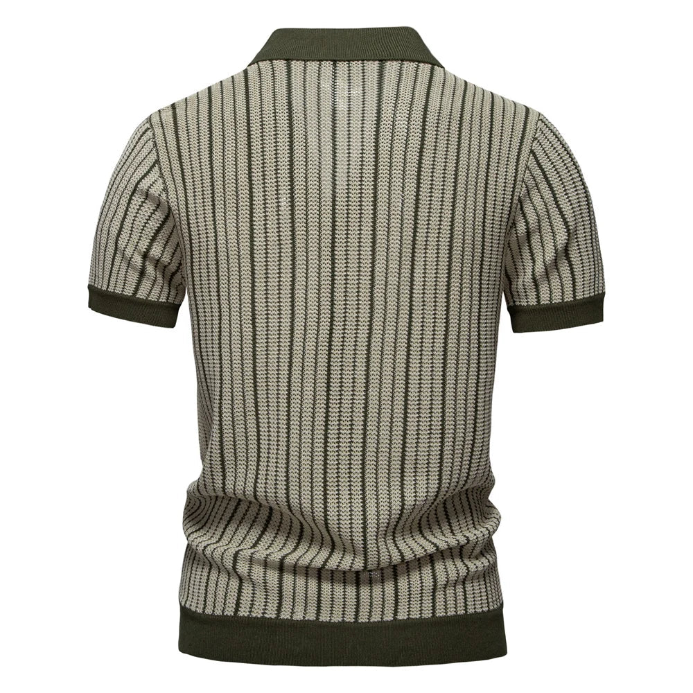 2025 Men's Striped Mesh Polo Shirt - Breathable Contrast Panel Knit Top with Turn-Down Collar