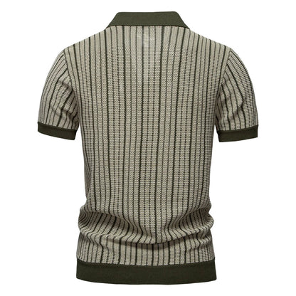 2025 Men's Striped Mesh Polo Shirt - Breathable Contrast Panel Knit Top with Turn-Down Collar