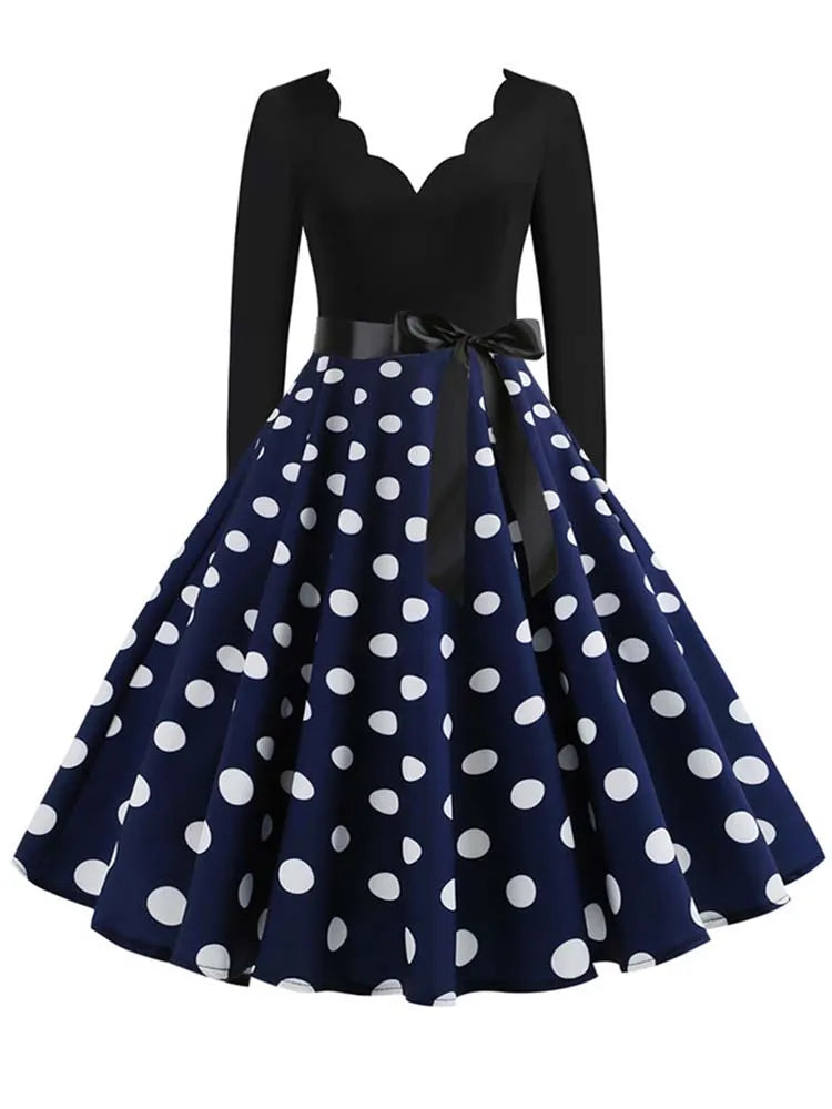 Women Vintage Long Sleeve Polka Dot Dress Spring Autumn New Year Party Dresses 3XL Black Vestidos