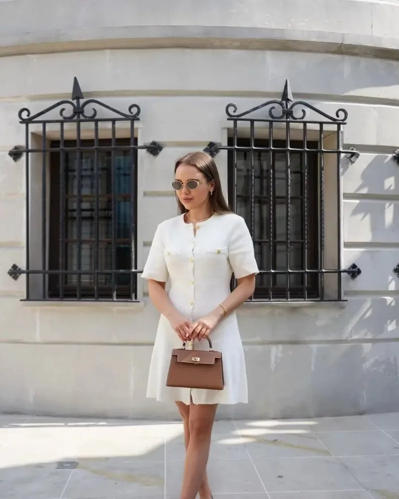 Elegant Knit Mini Dress Women Street Slim High Waist Short Sleeve Rib Sweater Dresses Vacation Bodycon Knitwear Dress