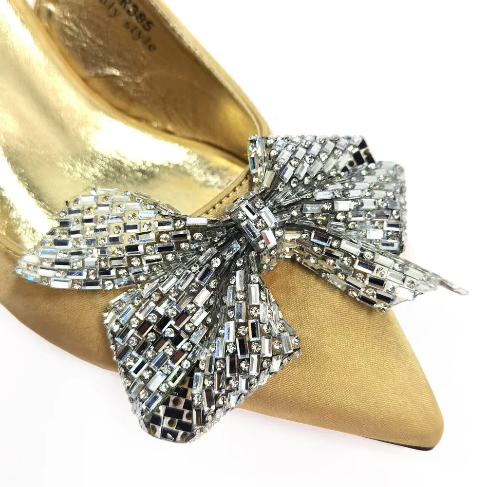 Italian Design Elegant Fuchsia Bow Rhinestone Pumps with Pointed Toe for Women 2024 Party Shoes and Bags Matching Set