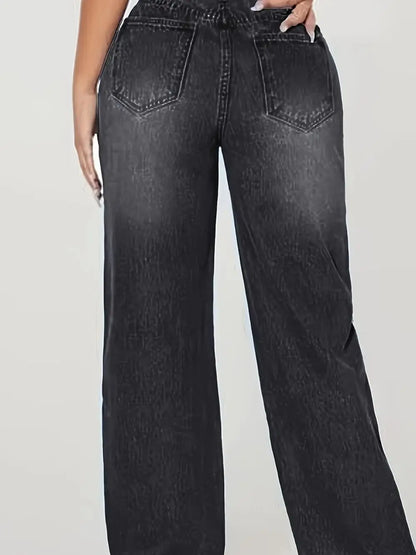 Loose Fit Elastic Fashionable Wide Leg Jeans, Blue Distressed Loose Wide Leg Jeans