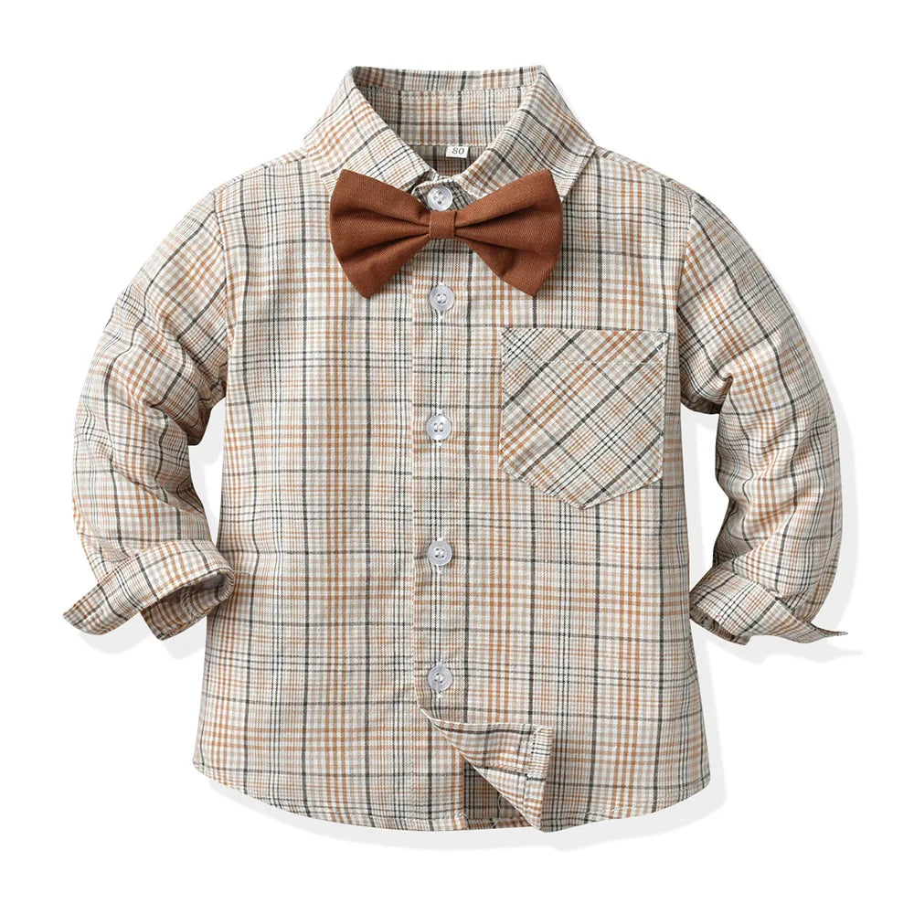 Boy Autumn Cotton Long Sleeve Plaid Shirt and Strap Pants Set Boys' Strap Pants Set Boy Red Pants and Shirts for 70cm-160cm